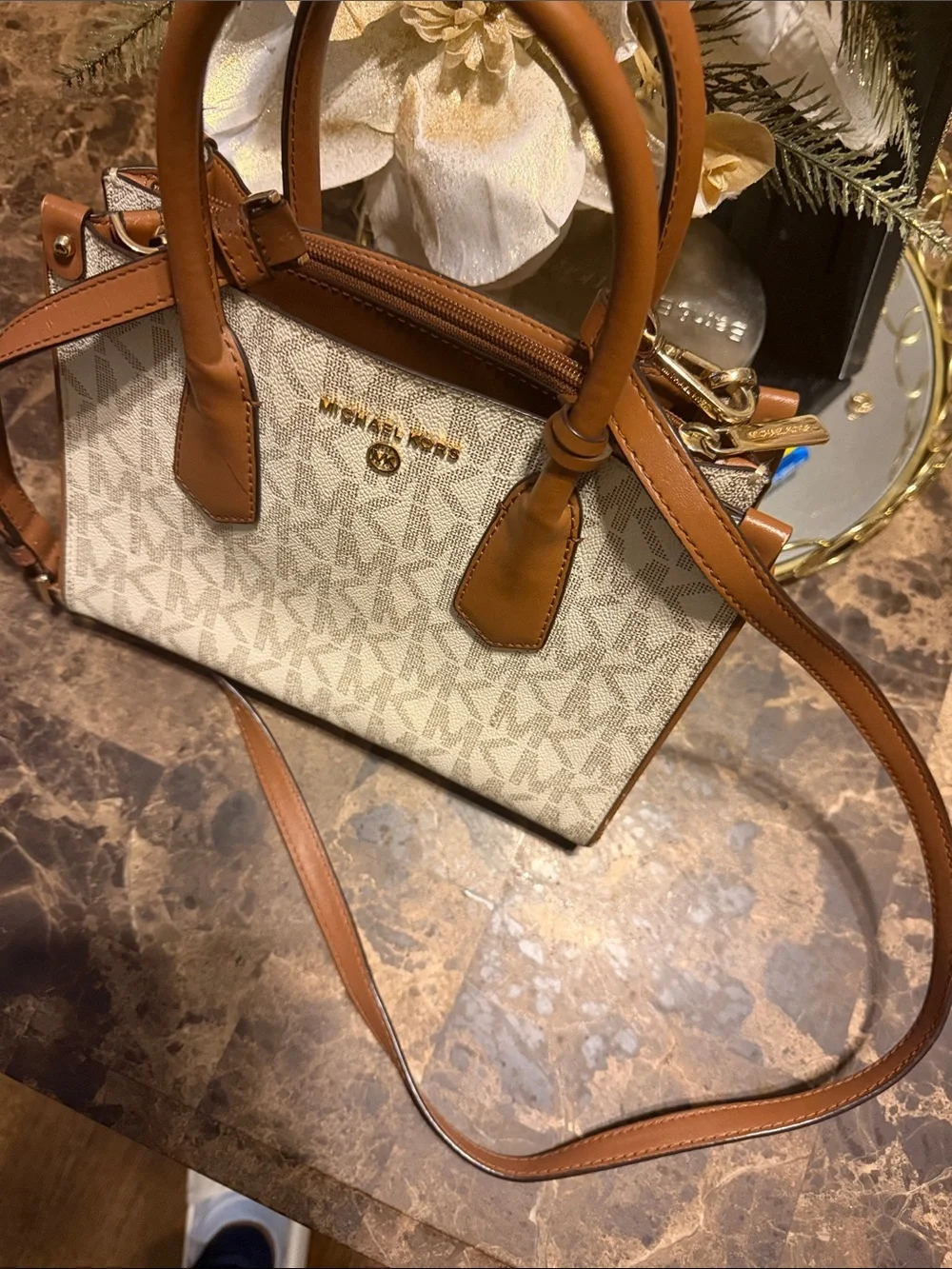 Michael Kors Beige/ Brown Logo Small Satchel